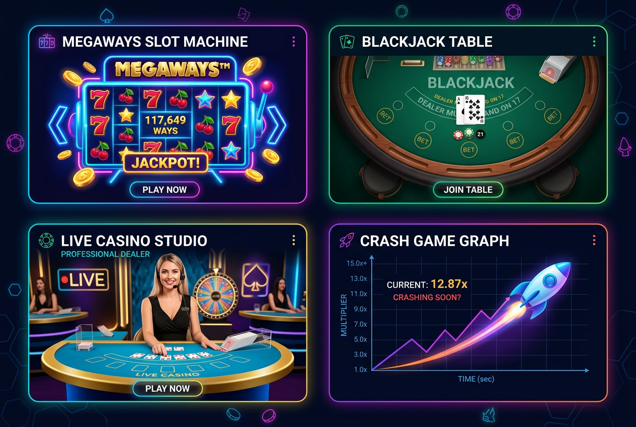 Wizualizacja kategorii gier kasynowych: sloty, blackjack, kasyno na żywo i gry crash