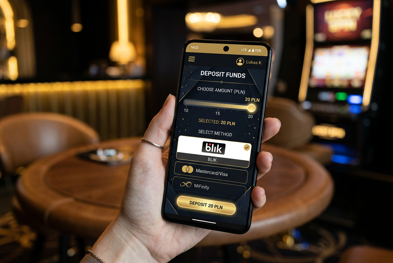 Modern smartphone displaying a casino app with low deposit options and BLIK integration