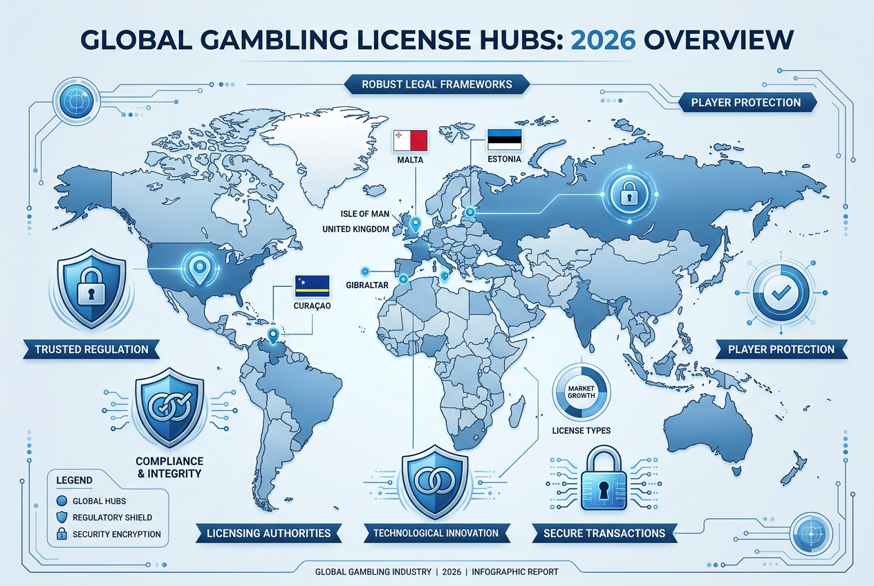 Infografika mapy globalnych licencji hazardowych 2026